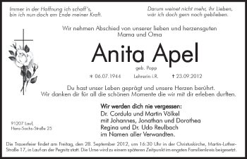 Traueranzeige von Anita Apel von Pegnitz-Zeitung